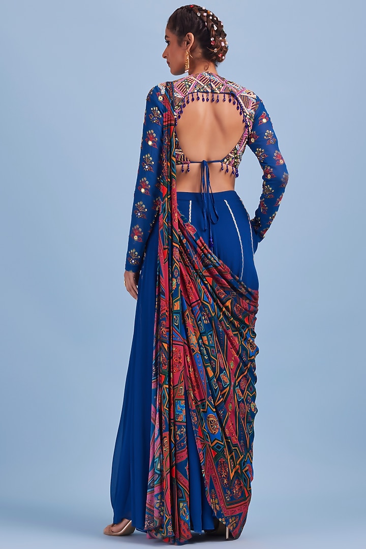 Blue Georgette Printed Sharara Wedding Saree Set by DiyaRajvvir at Pernia's Pop Up Shop