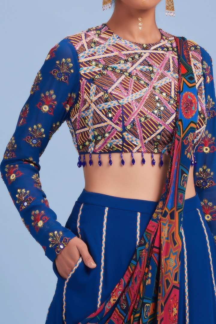 Blue Georgette Printed Sharara Wedding Saree Set by DiyaRajvvir at Pernia's Pop Up Shop
