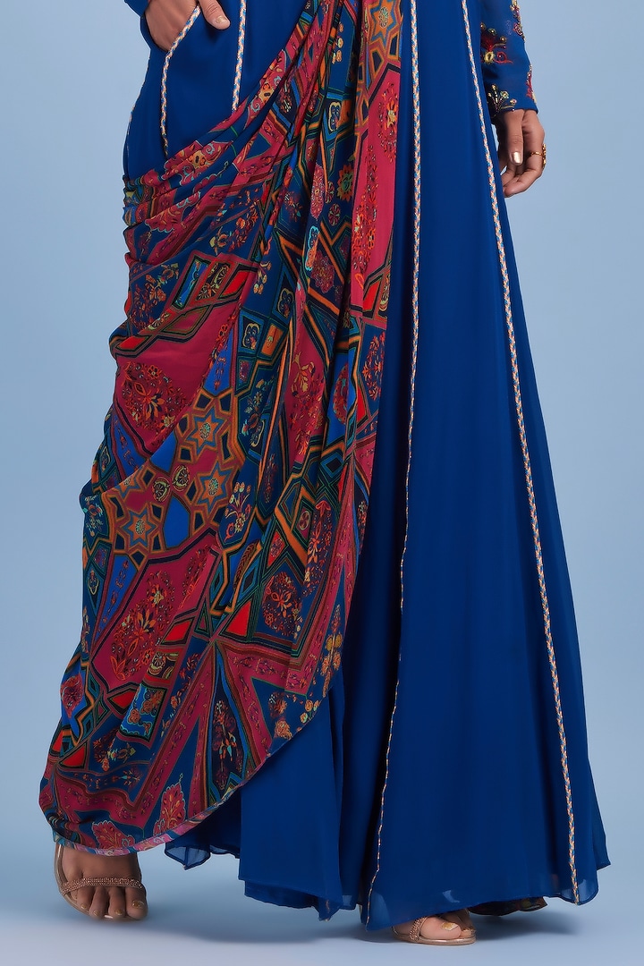 Blue Georgette Printed Sharara Wedding Saree Set by DiyaRajvvir at Pernia's Pop Up Shop