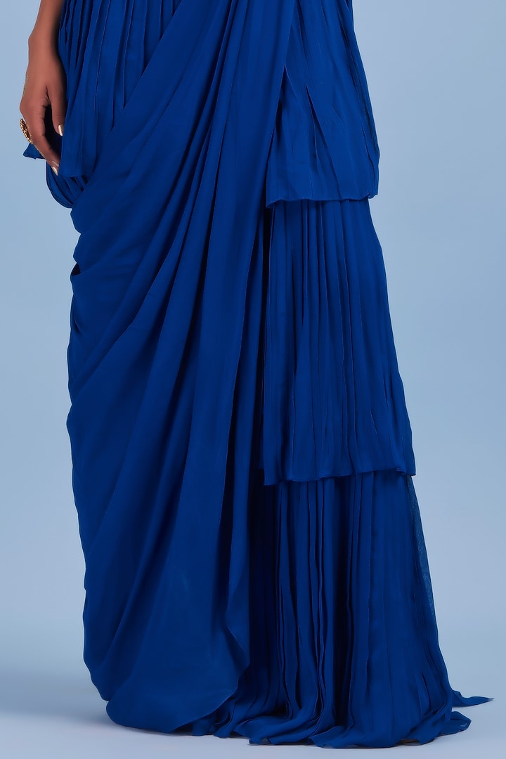 Blue Georgette Pre-Stitched Wedding Saree Set by DiyaRajvvir at Pernia's Pop Up Shop