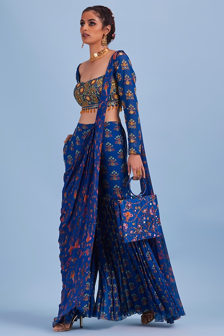 Blue Georgette Printed & Embroidered Gharara Saree Set by DiyaRajvvir at Pernia's Pop Up Shop