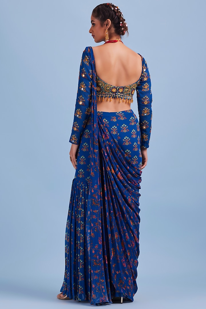 Blue Georgette Printed & Embroidered Gharara Wedding Saree Set by DiyaRajvvir at Pernia's Pop Up Shop