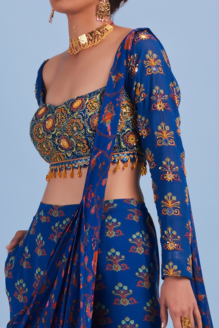 Blue Georgette Printed & Embroidered Gharara Wedding Saree Set by DiyaRajvvir at Pernia's Pop Up Shop