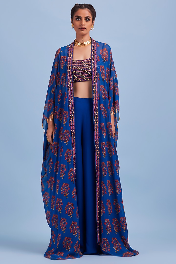 Blue Cape Set With Print by DiyaRajvvir at Pernia's Pop Up Shop