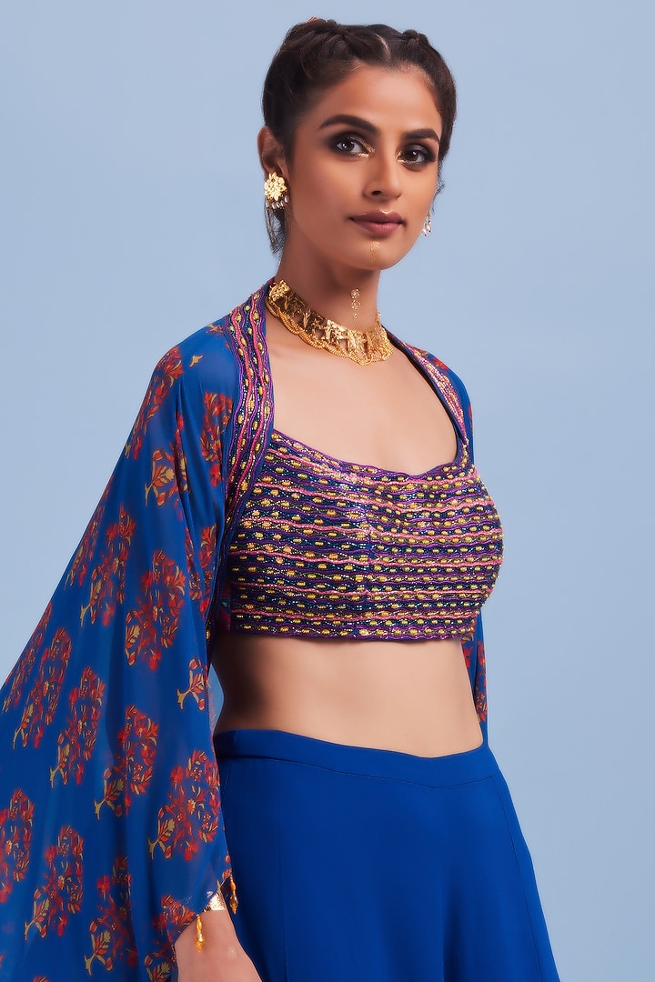 Blue Cape Set With Print by DiyaRajvvir at Pernia's Pop Up Shop