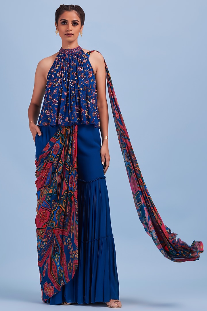 Blue Georgette Printed Gharara Saree Set by DiyaRajvvir at Pernia's Pop Up Shop