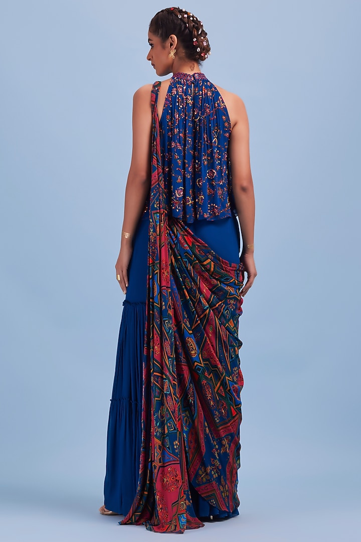 Blue Georgette Printed Gharara Wedding Saree Set by DiyaRajvvir at Pernia's Pop Up Shop