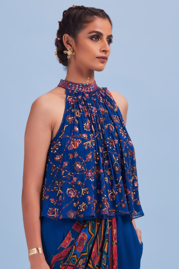 Blue Georgette Printed Gharara Wedding Saree Set by DiyaRajvvir at Pernia's Pop Up Shop