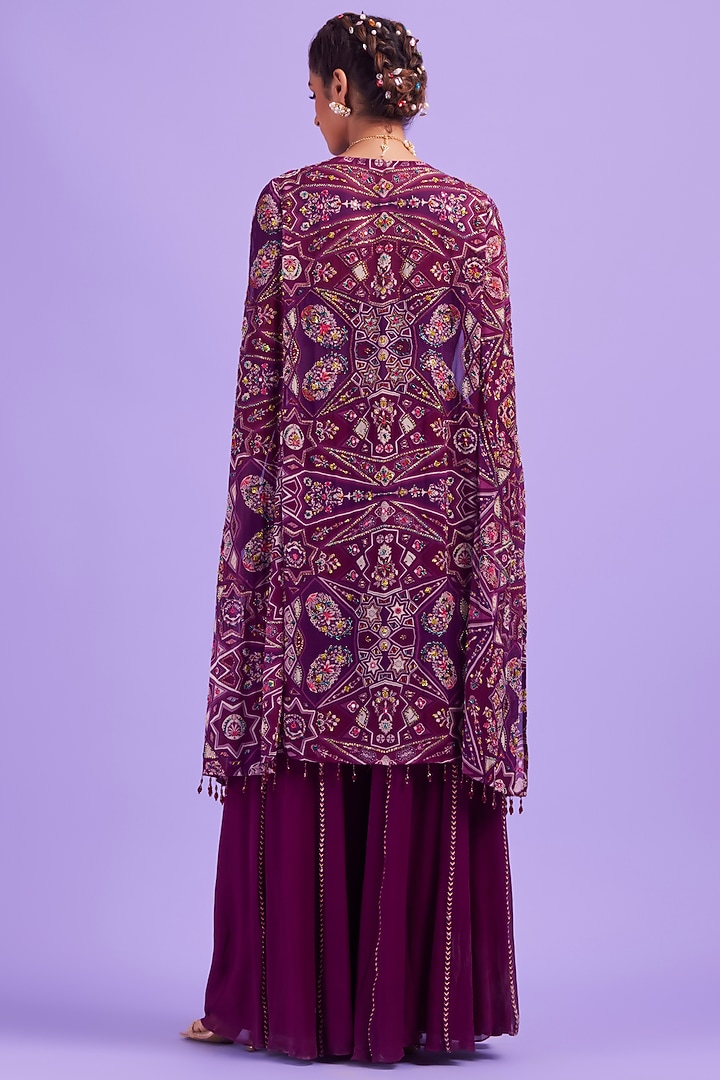 Purple Embroidered Cape Set by DiyaRajvvir at Pernia's Pop Up Shop