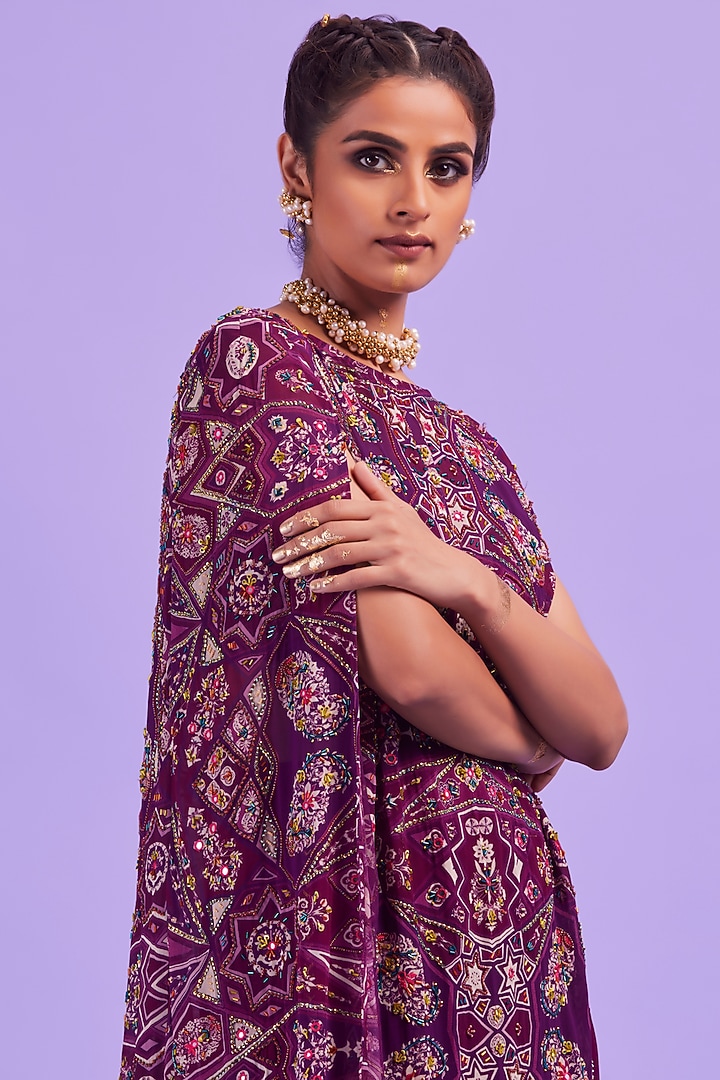 Purple Embroidered Cape Set by DiyaRajvvir at Pernia's Pop Up Shop
