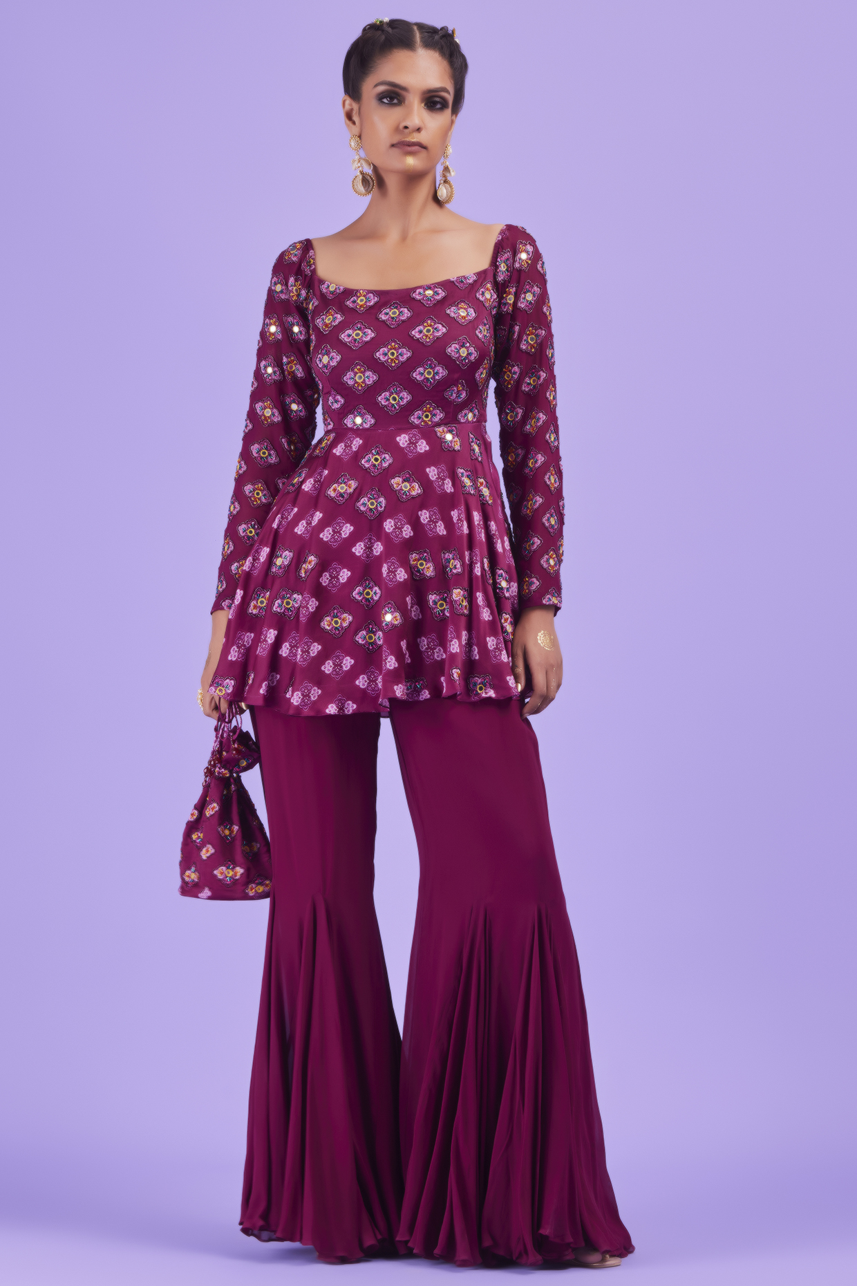 Purple Modal & Georgette Godet Pant Set by DiyaRajvvir at Pernia's Pop Up Shop