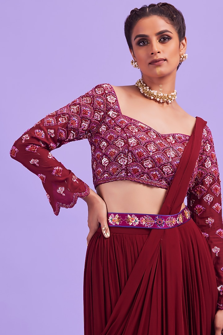 Purple Georgette & Cotton Silk Skirt Wedding Saree Set by DiyaRajvvir at Pernia's Pop Up Shop