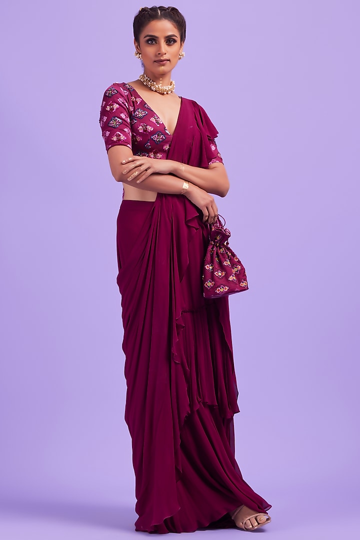 Purple Layered Ruffled Saree Set by DiyaRajvvir