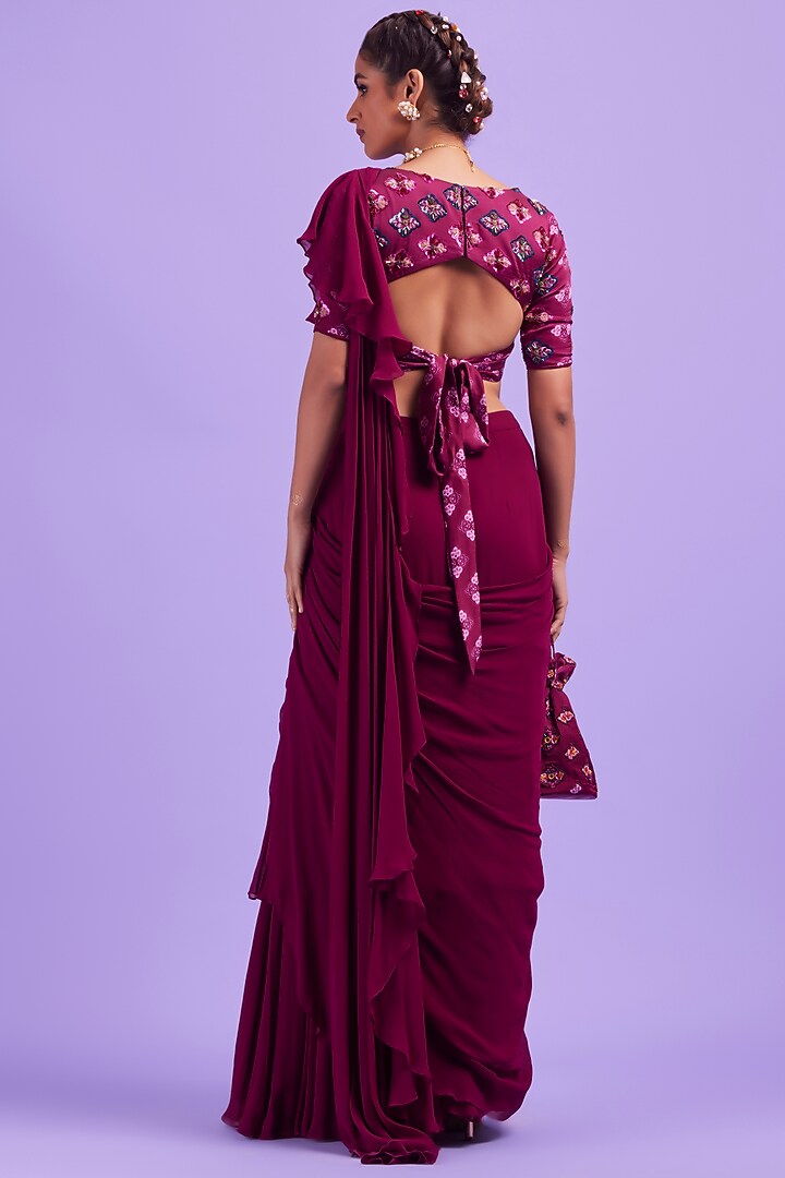 Purple Georgette Layered Ruffled Wedding Saree Set by DiyaRajvvir at Pernia's Pop Up Shop