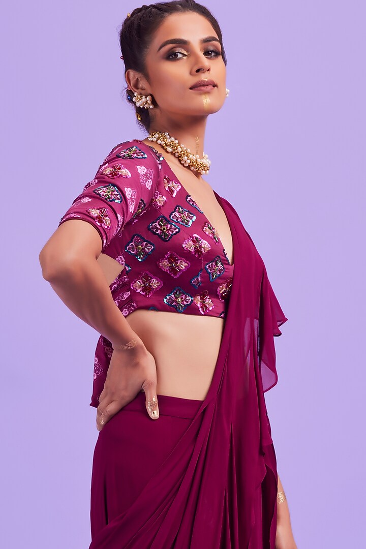 Purple Georgette Layered Ruffled Wedding Saree Set by DiyaRajvvir at Pernia's Pop Up Shop