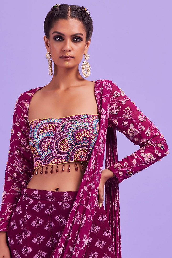 Purple Georgette & Cotton Silk Printed Sharara Wedding Saree Set by DiyaRajvvir at Pernia's Pop Up Shop
