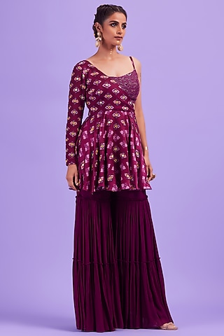 Purple Cotton Silk & Georgette Gharara Set by DiyaRajvvir