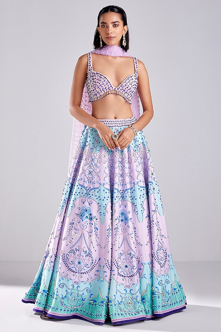 Lilac Raw Silk Printed & Embroidered Wedding Lehenga Set by DiyaRajvvir at Pernia's Pop Up Shop