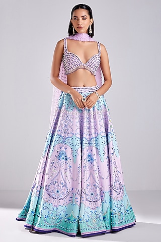 Lilac Raw Silk Printed & Embroidered Lehenga Set by DiyaRajvvir