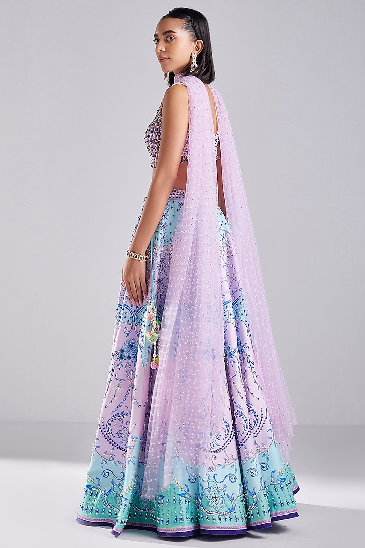 Lilac Raw Silk Printed & Embroidered Wedding Lehenga Set by DiyaRajvvir at Pernia's Pop Up Shop