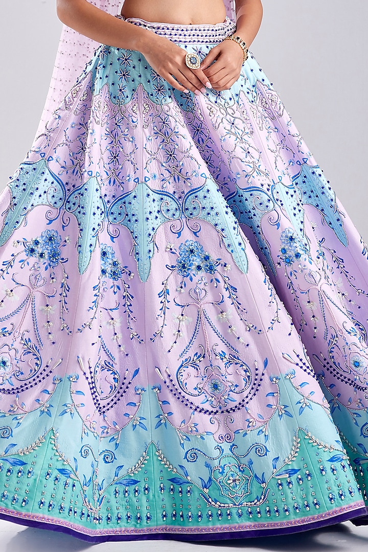 Lilac Raw Silk Printed & Embroidered Wedding Lehenga Set by DiyaRajvvir at Pernia's Pop Up Shop