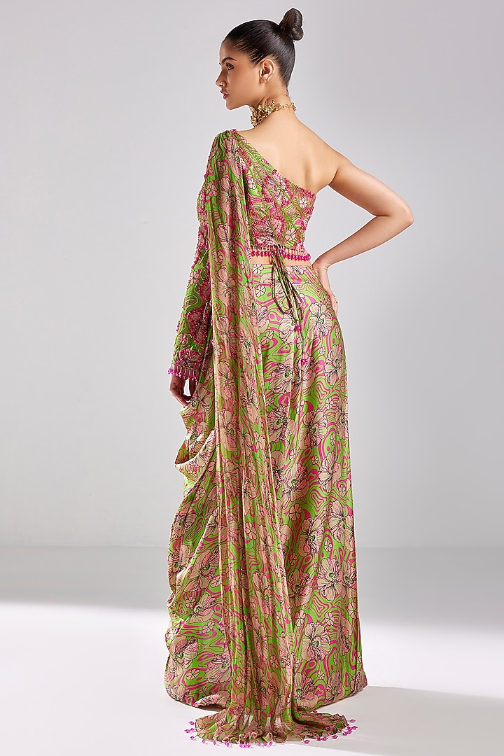 Neon green Modal & Georgette Printed Skirt Set by DiyaRajvvir at Pernia's Pop Up Shop
