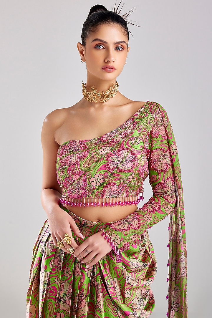 Neon green Modal & Georgette Printed Skirt Set by DiyaRajvvir at Pernia's Pop Up Shop
