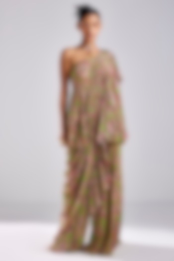Neon Green Crepe Printed Pant Wedding Saree Set by DiyaRajvvir at Pernia's Pop Up Shop