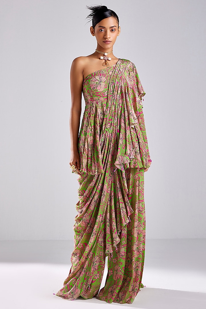Neon Green Crepe Printed Pant Wedding Saree Set by DiyaRajvvir at Pernia's Pop Up Shop