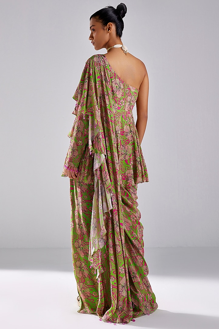 Neon Green Crepe Printed Pant Wedding Saree Set by DiyaRajvvir at Pernia's Pop Up Shop
