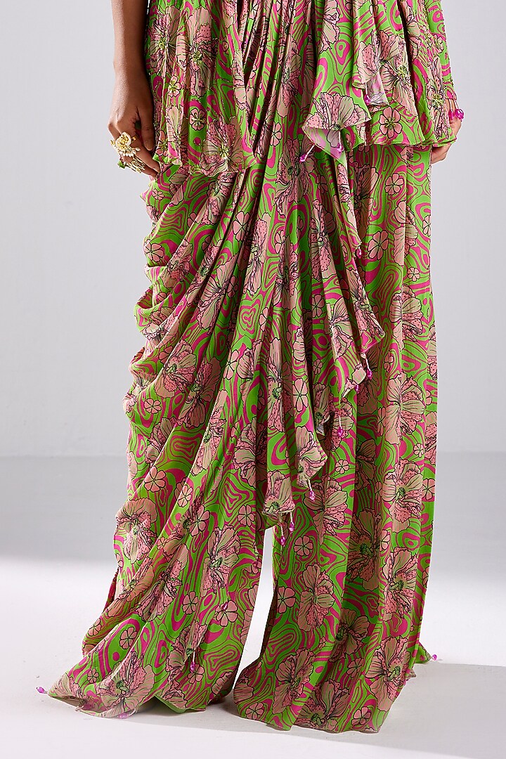 Neon Green Crepe Printed Pant Wedding Saree Set by DiyaRajvvir at Pernia's Pop Up Shop