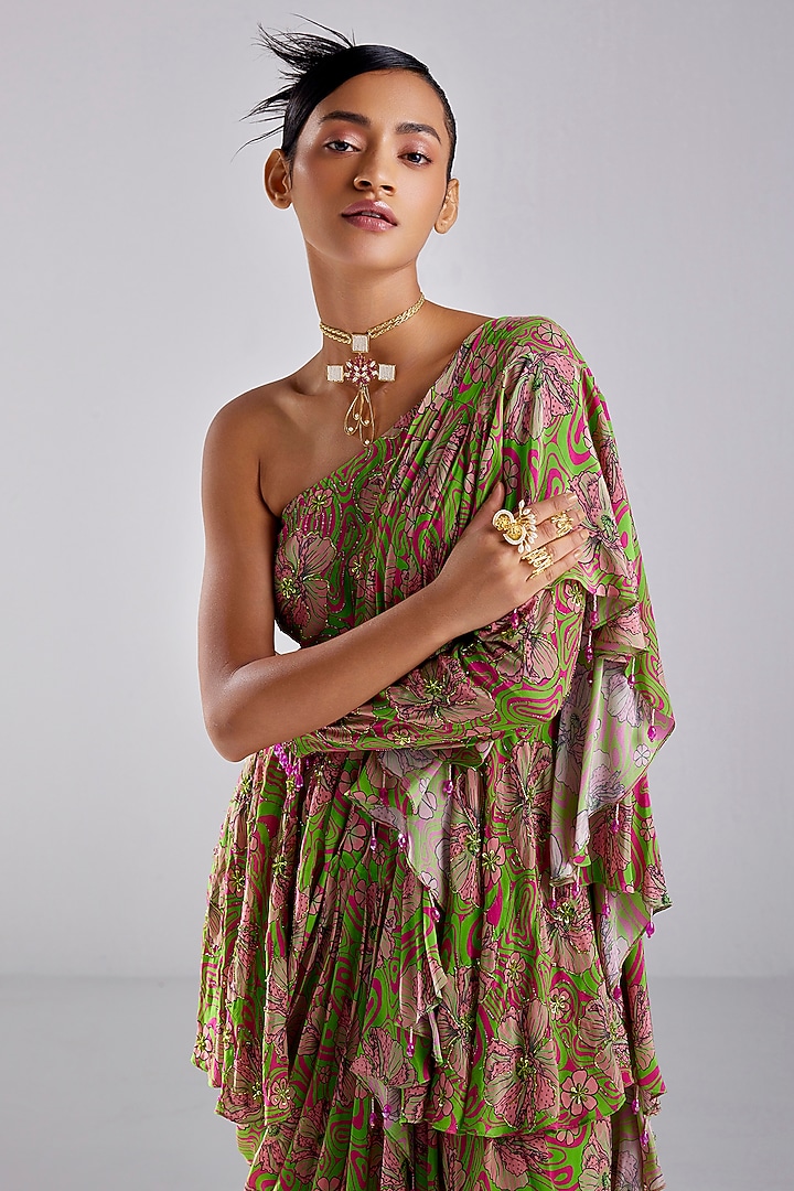 Neon Green Crepe Printed Pant Wedding Saree Set by DiyaRajvvir at Pernia's Pop Up Shop