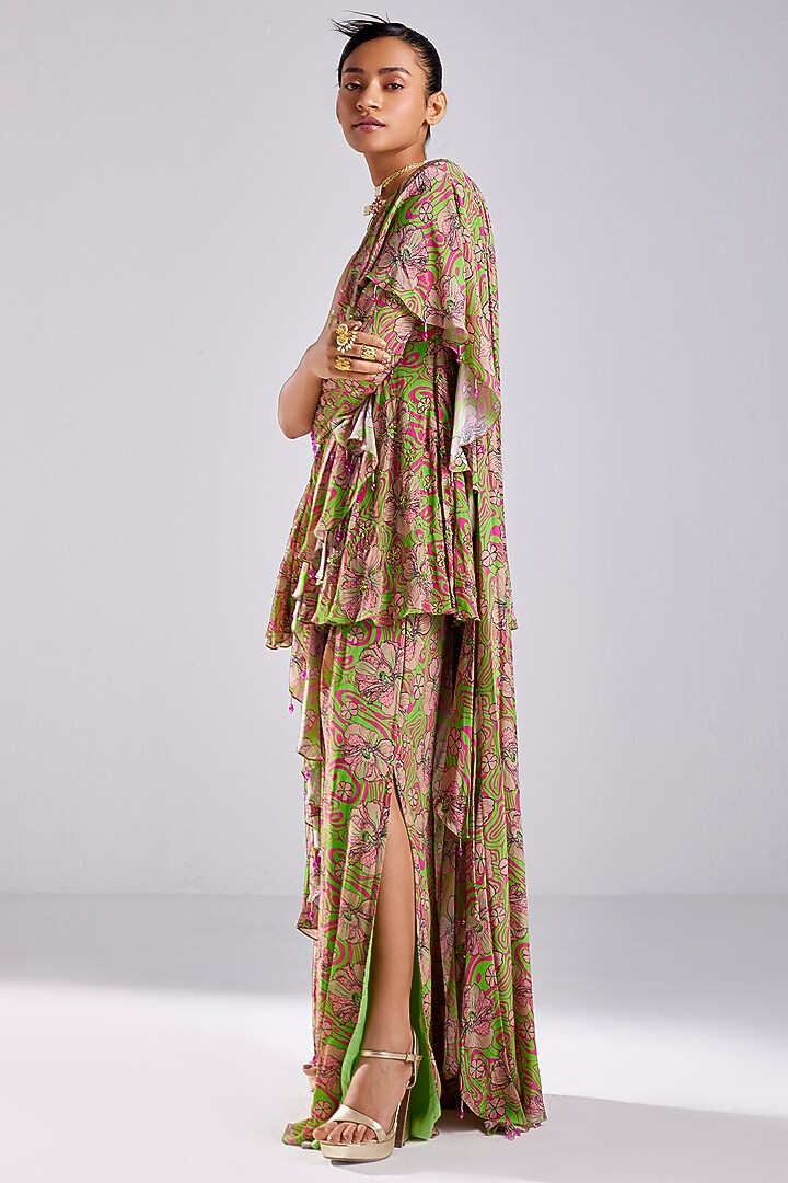 Neon Green Crepe Printed Pant Wedding Saree Set by DiyaRajvvir at Pernia's Pop Up Shop