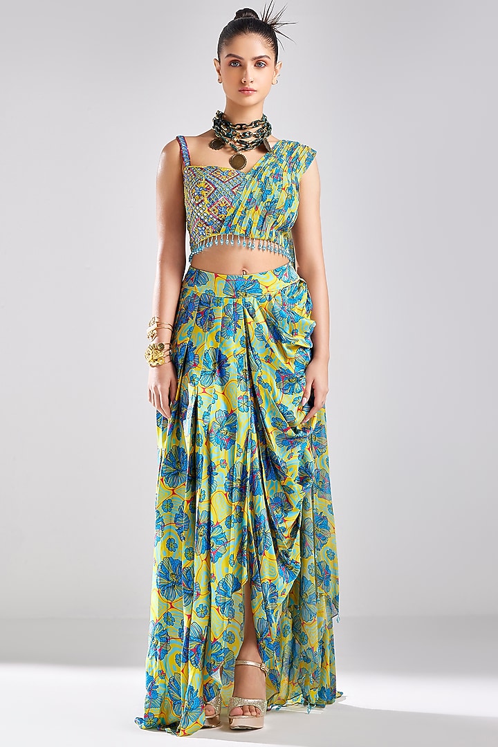 Blue Cotton Silk & Georgette Printed Skirt Set by DiyaRajvvir at Pernia's Pop Up Shop