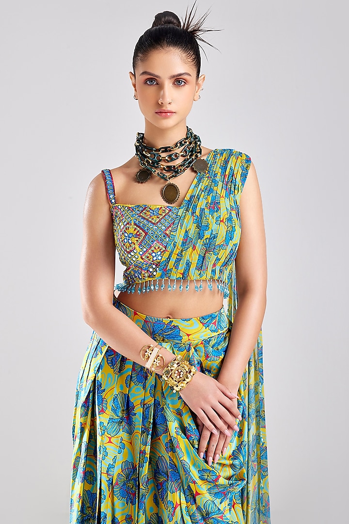 Blue Cotton Silk & Georgette Printed Skirt Set by DiyaRajvvir at Pernia's Pop Up Shop
