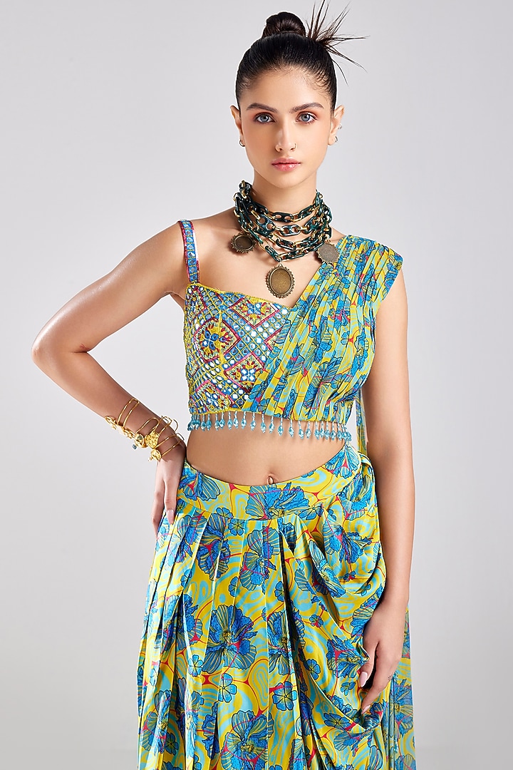 Blue Cotton Silk & Georgette Printed Skirt Set by DiyaRajvvir at Pernia's Pop Up Shop
