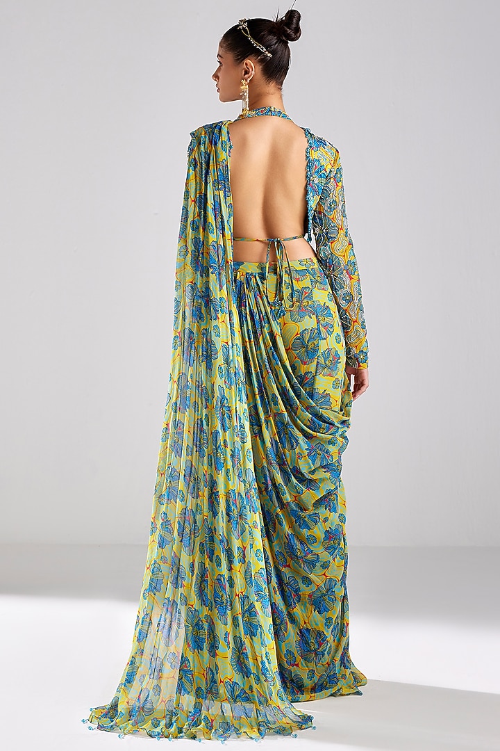 Blue Modal & Georgette Printed Pant Wedding Saree Set by DiyaRajvvir at Pernia's Pop Up Shop