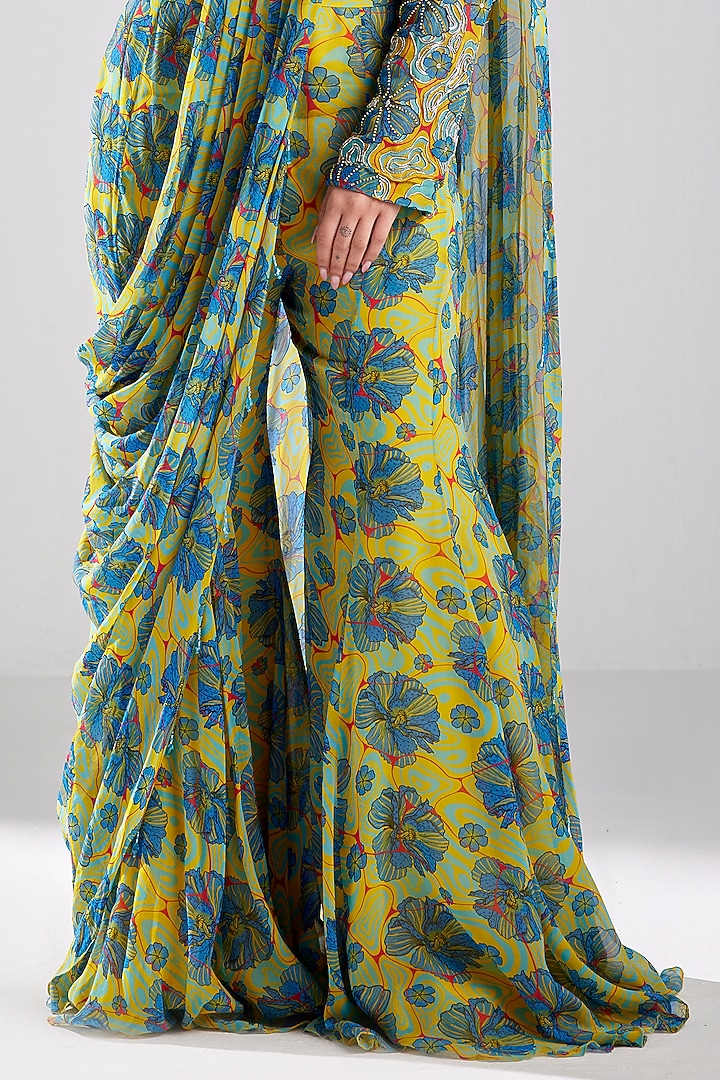 Blue Modal & Georgette Printed Pant Wedding Saree Set by DiyaRajvvir at Pernia's Pop Up Shop