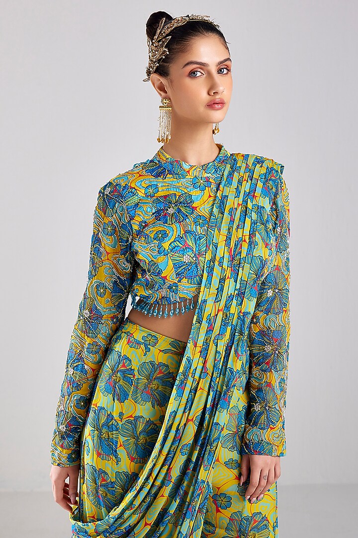 Blue Modal & Georgette Printed Pant Wedding Saree Set by DiyaRajvvir at Pernia's Pop Up Shop
