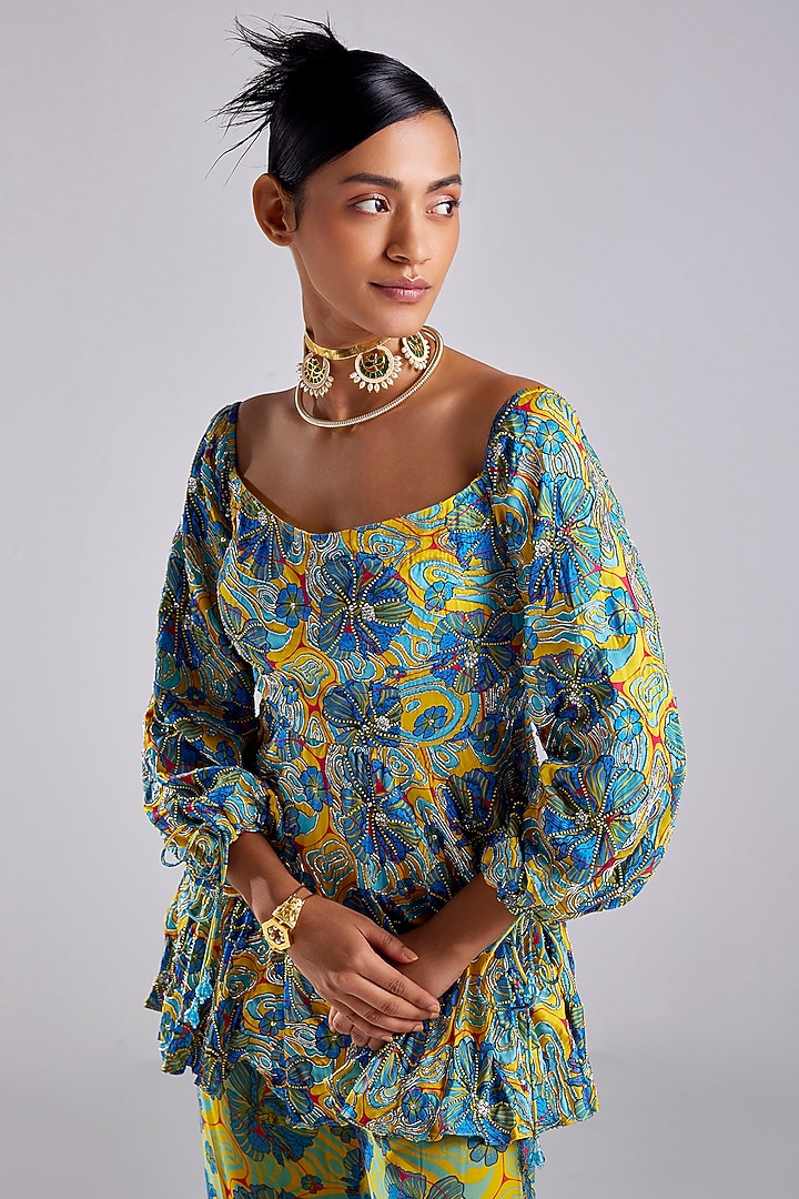 Blue Modal & Georgette Printed Co-Ord Set by DiyaRajvvir at Pernia's Pop Up Shop