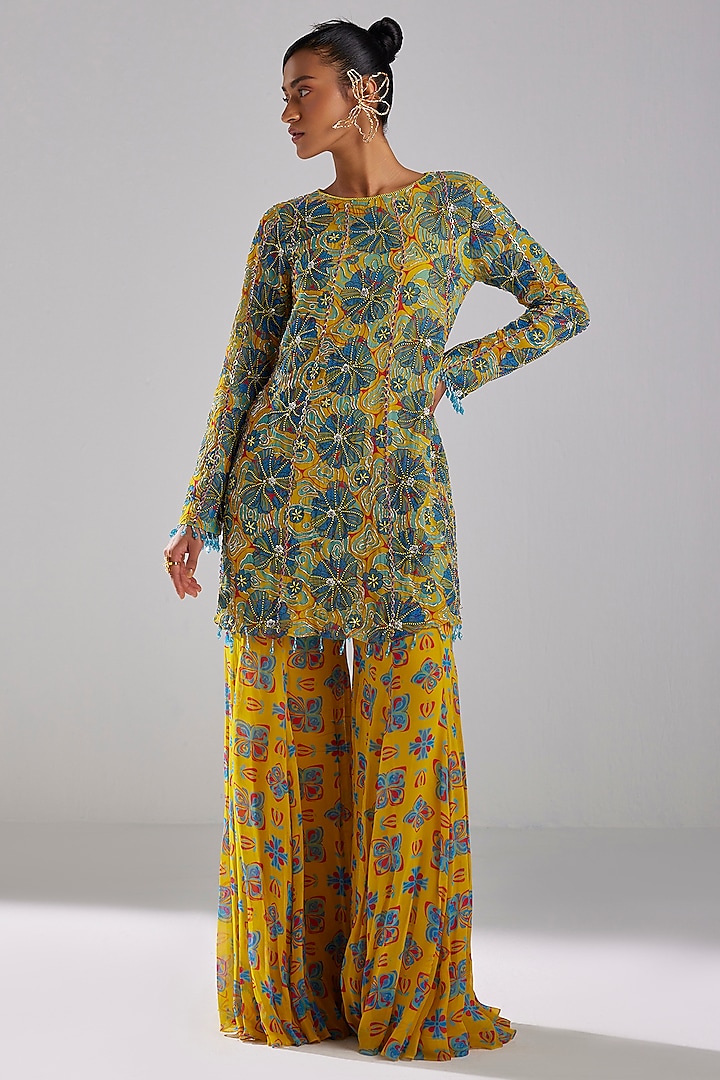 Blue Georgette Printed A-Line Kurta Set by DiyaRajvvir