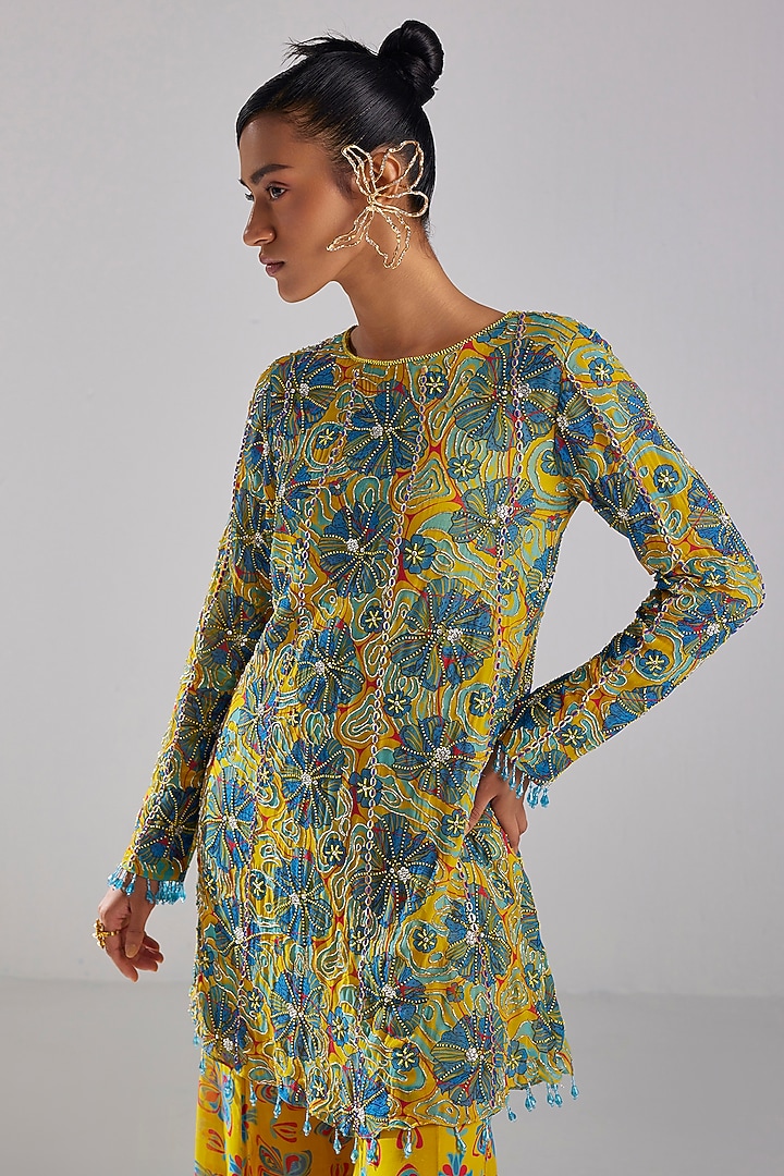 Blue Georgette Printed A-Line Kurta Set by DiyaRajvvir at Pernia's Pop Up Shop