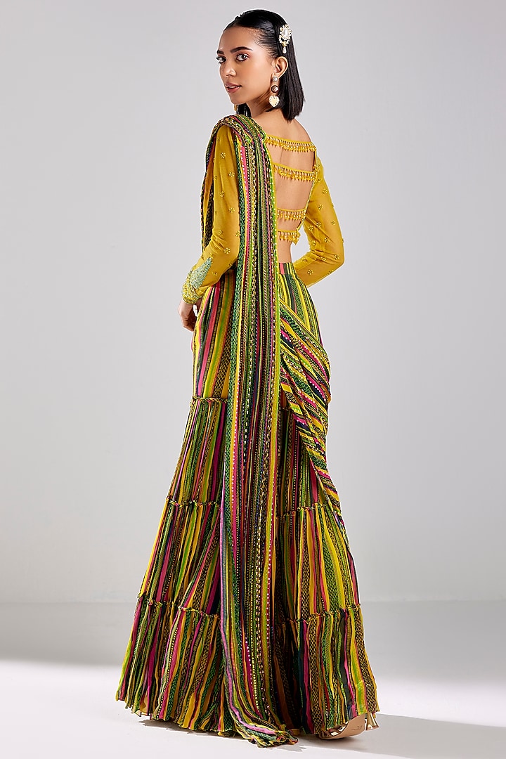 Multi-Colored Tulle & Georgette Printed Pant Wedding Saree Set by DiyaRajvvir at Pernia's Pop Up Shop