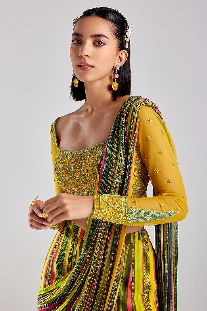Multi-Colored Tulle & Georgette Printed Pant Wedding Saree Set by DiyaRajvvir at Pernia's Pop Up Shop