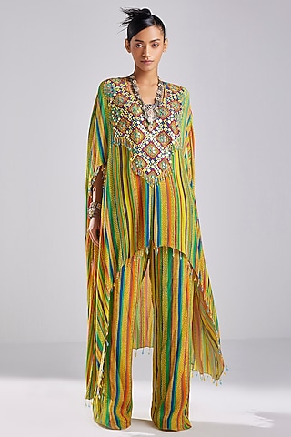 Yellow Crepe Printed Kaftan Set by DiyaRajvvir