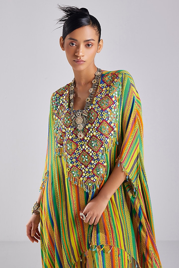 Yellow Crepe Printed Kaftan Set by DiyaRajvvir at Pernia's Pop Up Shop