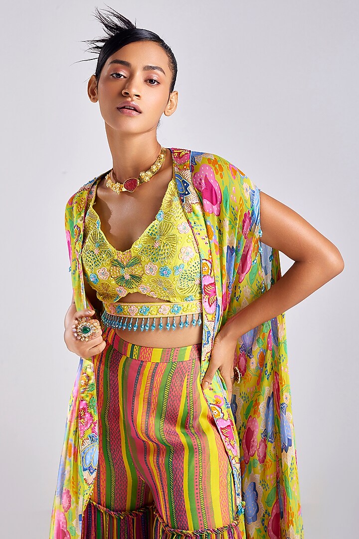 Yellow Cotton Silk & Georgette Cape Set by DiyaRajvvir at Pernia's Pop Up Shop