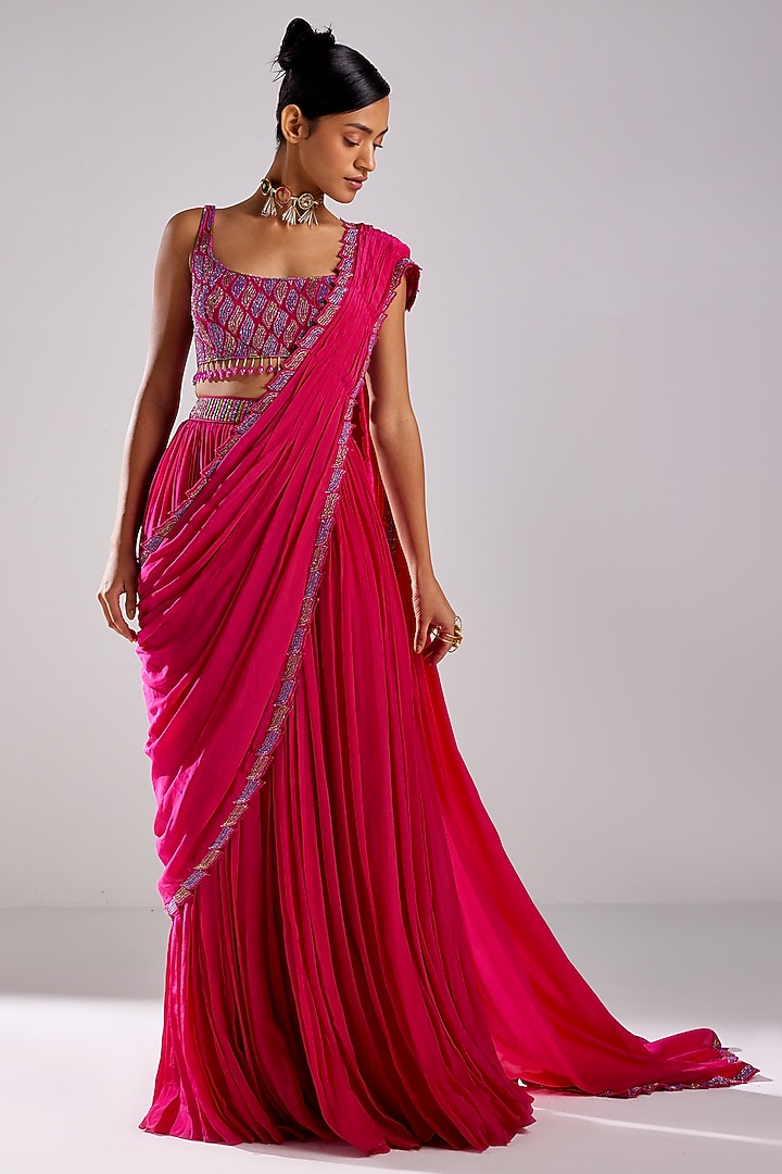 Fuchsia Pink Cotton Silk & Crepe Skirt Wedding Saree Set by DiyaRajvvir at Pernia's Pop Up Shop
