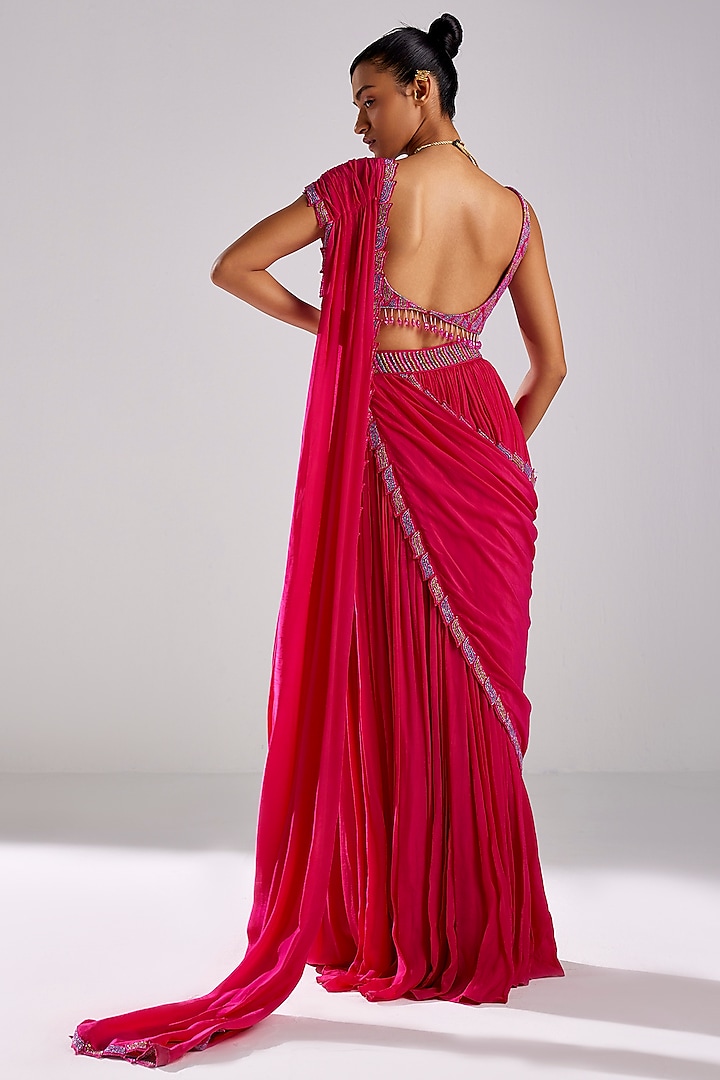 Fuchsia Pink Cotton Silk & Crepe Skirt Wedding Saree Set by DiyaRajvvir at Pernia's Pop Up Shop