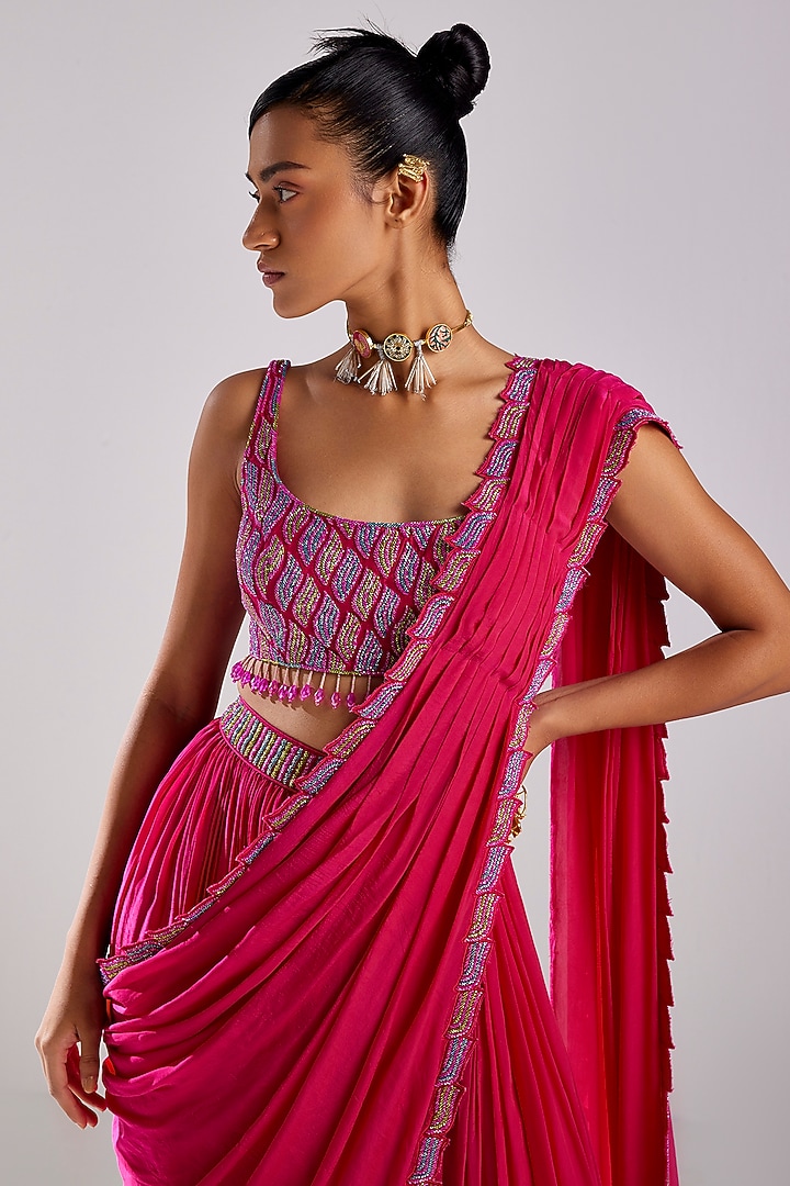 Fuchsia Pink Cotton Silk & Crepe Skirt Wedding Saree Set by DiyaRajvvir at Pernia's Pop Up Shop